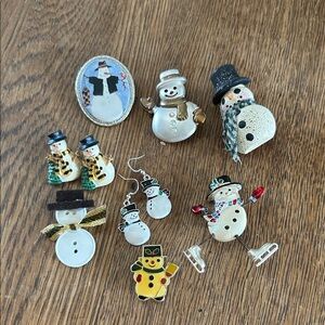 Charming Snowman Brooch & Earring Set - Festive White and Gold